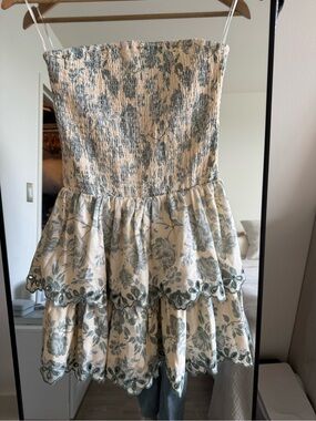 Smocked Strapless Cream Mini Dress with Sage Floral Embroidery